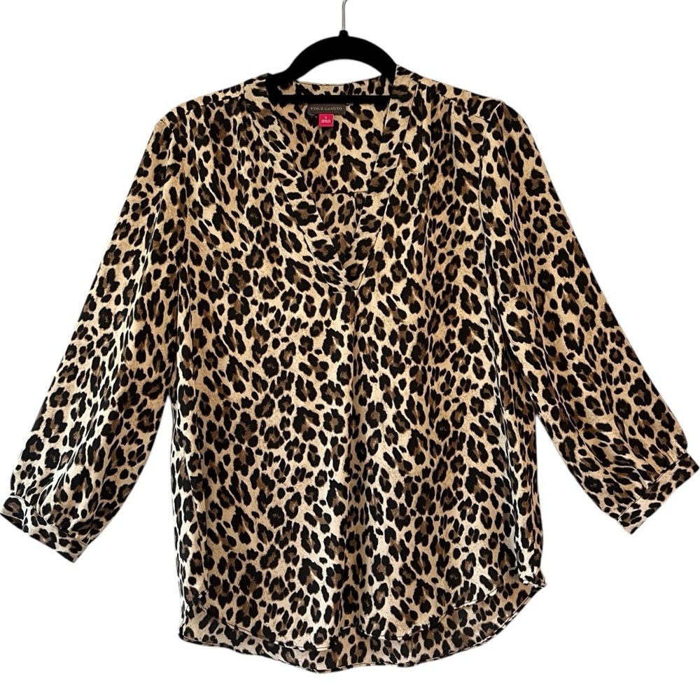 Vince Camuto Rumple Satin V Neck Blouse Leopard Print Black Tan Size Small